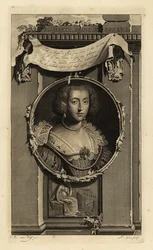 Elisabeth Stuart, Rainha da Boémia, Electresa do Palatinado, esposa de Frederico V, o Rei do inverno. Elisabeth, Reine de Boheme. Vestido com mangas cortadas, gola de renda com pérolas. Vinheta de uma mulher a refletir sobre uma coroa caída. Gravura em cob