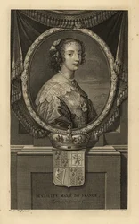Henrietta Maria de França, esposa do rei Carlos I de Inglaterra. Henriette Marie de France. De vestido com gola de renda e colar de pérolas. Com coroa e brasão de armas. Gravura em talhe-doce de Charles Simonneau segundo Adriaen van der Werff a partir da o