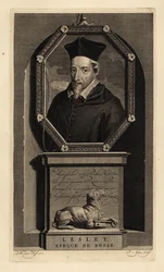 John Lesley, historiador escocês e bispo de Ross. Eveque de Rosse. Cão com chave. Gravura em cobre de Pieter Stevens van Gunst, segundo Adriaen van der Werff, da Histoire d