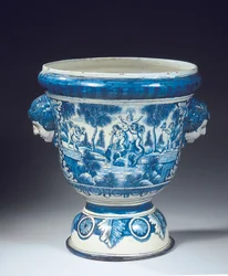 Grande urna de jardim mitológico Delft azul e branco em estilo barroco, c.1700 (cerâmica)
