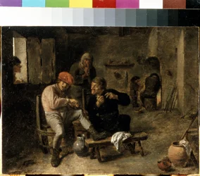 ""Cena na Taverna de uma Aldeia"" (Cena da Taverna (O Violinista da Aldeia)) Pintura de Adriaen Brouwer (cerca de 1605-1638) 1634-1638 Dim. 25x33,5 cm Museu Hermitage, São Petersburgo