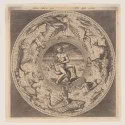 Arion sobre um golfinho rodeado por uma orla decorada com criaturas marinhas, de um conjunto de desenhos para pratos (Fonds de Coupe)