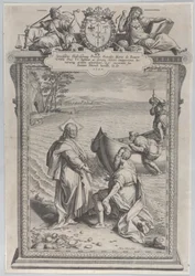 Cristo chamando Santo André, que se ajoelha diante dele na praia, e São Pedro, que sobe..., 1590.
