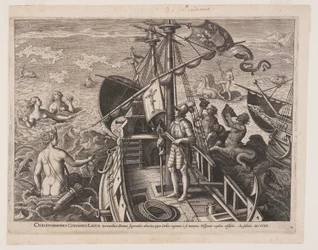 Cristóvão Colombo no seu navio, de Americae Retectio (A Descoberta da América)