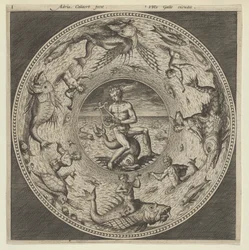 Projeto para um prato com Arion montando um golfinho em um medalhão cercado por monstros marinhos..., c1600.