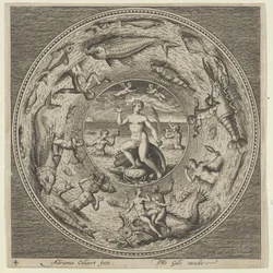 Projeto para uma Placa com Galatea em uma Concha Ladeada por Trompetistas em uma Borda de Medalhão..., c1600.