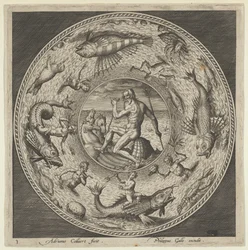 Projeto para uma Placa com Netuno em uma Concha Desenhada por Cavalos em um Medalhão Bordado por ..., c1600.