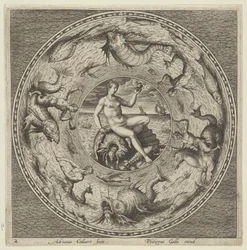 Projeto para uma placa com Thetis em uma concha em um medalhão cercado por monstros marinhos, c1600.