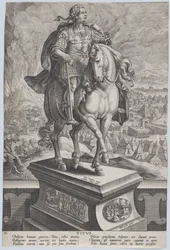 Ilustração 11: estátua equestre de Tito, vista três quartos à direita, Monte Vesúv..., ca. 1587-89.
