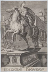 Gravura 12: estátua equestre de Domiciano, vista três quartos à esquerda, com seu ..., ca. 1587-89.