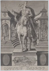 Ilustração 1: estátua equestre de Júlio César, vista de frente, com cena de um..., c. 1587-89.