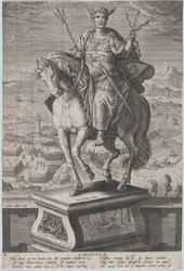 Gravura 4: estátua equestre de Calígula, vista três quartos à esquerda, vestindo uma ..., ca. 1587-89.