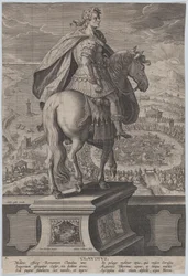 Ilustração 5: estátua equestre de Cláudio, vista de trás, competição naval no ri..., c. 1587-89.
