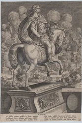 Ilustração 6: estátua equestre de Nero, vista por trás, o Grande Incêndio de Roma no..., c. 1587-89.