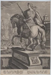 Ilustração 8: estátua equestre de Otão, vista por trás, cena da morte ao fundo..., c. 1587-89.