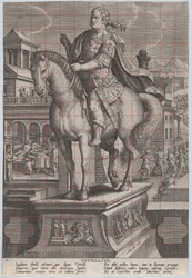 Gravura 9: estátua equestre de Vitélio, vista três quartos à esquerda, com seu ..., ca. 1587-89.