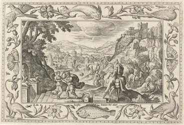 Rebeca e Eliezer no poço Paisagens com cenas bíblicas, mitológicas e de caça (título da série)