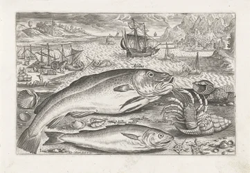 Dois peixes na praia Pesca (título da série) Ícones de Piscium vivae (título da série)
