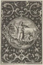Vênus e Cupido em uma moldura decorativa com grotescos, do Julgamento de Paris..., c1580-1600.