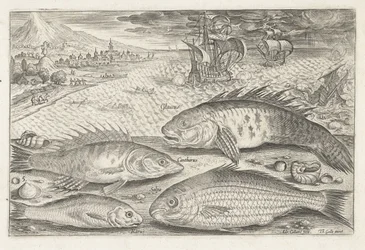 Quatro peixes na praia Pesca (título da série) Ícones de Piscium vivae (título da série)