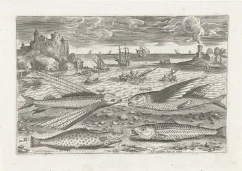 Quatro peixes na praia Pesca (título da série) Ícones de Piscium vivae (título da série)