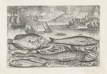 Quatro peixes na praia Pesca (título da série) Ícones de Piscium vivae (título da série)
