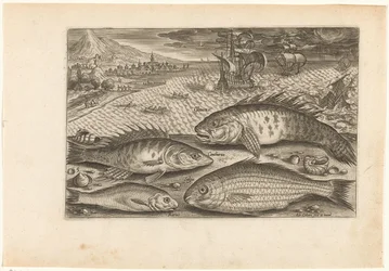 Quatro peixes na praia Pesca (título da série) Ícones de Piscium vivae (título da série)