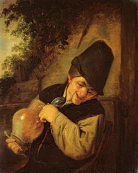 Um camponês segurando um jarro e um cachimbo, c.1650-55 (óleo sobre painel de carvalho)