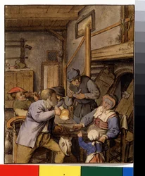 Numa taverna. Camponeses a fumar e a beber numa mesa em frente à entrada de uma adega. Pintura de Adriaen Jansz Van Ostade (1610-1685), ca. 1667. Pintura holandesa. Lápis, pincel e aguarela sobre papel. Museu Pushkin, Moscovo