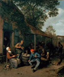 Camponeses fumando e festejando fora de uma taberna, 1676