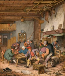 Quarto em Pousada com Camponeses Bebendo, Fumando e Jogando Gamão - Obra de Adriaen Jansz van Ostade (1610-1685) Lápis, giz e aquarela sobre papel