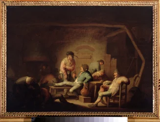 Cena da taberna. Pintura de Adriaen Jansz van Ostade (1610-1685), ca. 1635. Escola holandesa, estilo barroco. Óleo sobre madeira. Museu Pushkin, Moscovo.