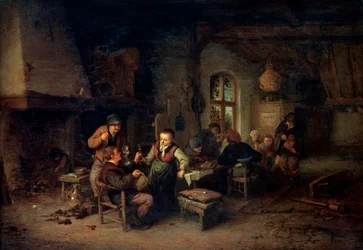 O interior de uma pousada com nove camponeses e um jogador Hurdy-Gurdy, 1653.