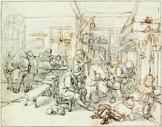 Companhia de Camponeses numa Taberna - Desenho de Adriaen Jansz van Ostade (1610-1685), lápis e tinta sobre papel, ca. 1675 - Albertina, Viena (Áustria)
