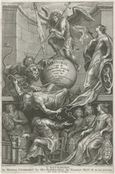 Folha de rosto alegórica com a inveja derrubada Página de rosto para: C. Hazart, história de Kerckelycke, 1669