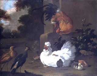 Um Ruft, um Lapwing e galinhas por um bloco de montagem