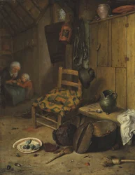 Interior de uma cozinha com uma mãe e uma criança
o escudo de armas da família Van Doerne na almofada de tecido