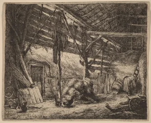 Interior de um celeiro com uma camponesa a trabalhar
