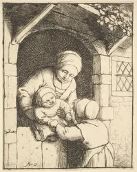 Menina brincando com um bebê nos braços de sua mãe, 1610-85.