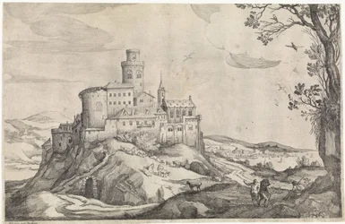 Paisagem com um castelo numa montanha