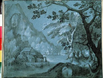 Paisagem com um moinho no lago da montanha. Desenho de Adriaen Van Stalbemt (1580-1662). Grisaille sobre papel