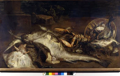 Natureza morta dos peixes. Pintura de Adriaen van Utrecht (1599 - 1652). Milão, CRA.