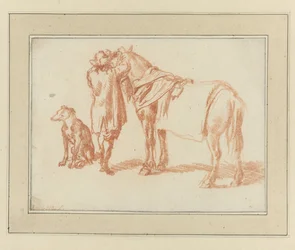 Cavaleiro ao lado de um cavalo e de um cão