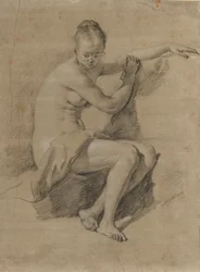 Nua fêmea sentada, c.1660-70 (desenho a giz preto e branco)