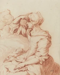 Mulher sentada com a mão sobre os olhos (pincel e desenho a giz)