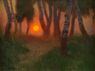 Pôr do sol em uma paisagem arborizada (óleo no painel)