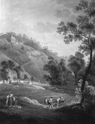 Vista para o Castelo Pillnitz com o Jardim e a ruína artificial, por volta de 1792