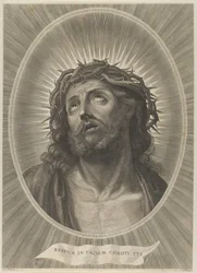 Cabeça de Cristo olhando para cima com coroa de espinhos, em moldura oval, depois de Reni, ca. 1..., aprox. 1653-67.