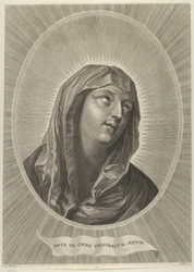 A cabeça da Virgem olhando para a direita, em moldura oval, depois de Reni, ca. 1..., aprox. 1650-67.