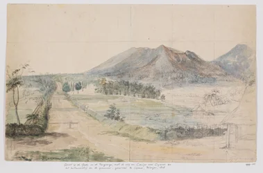 Vista dos vulcões Gedé e Pangrango, estrada Cianjur-Cipanas e residência do governador-geral em Cipanas, Priangan, Java Ocidental